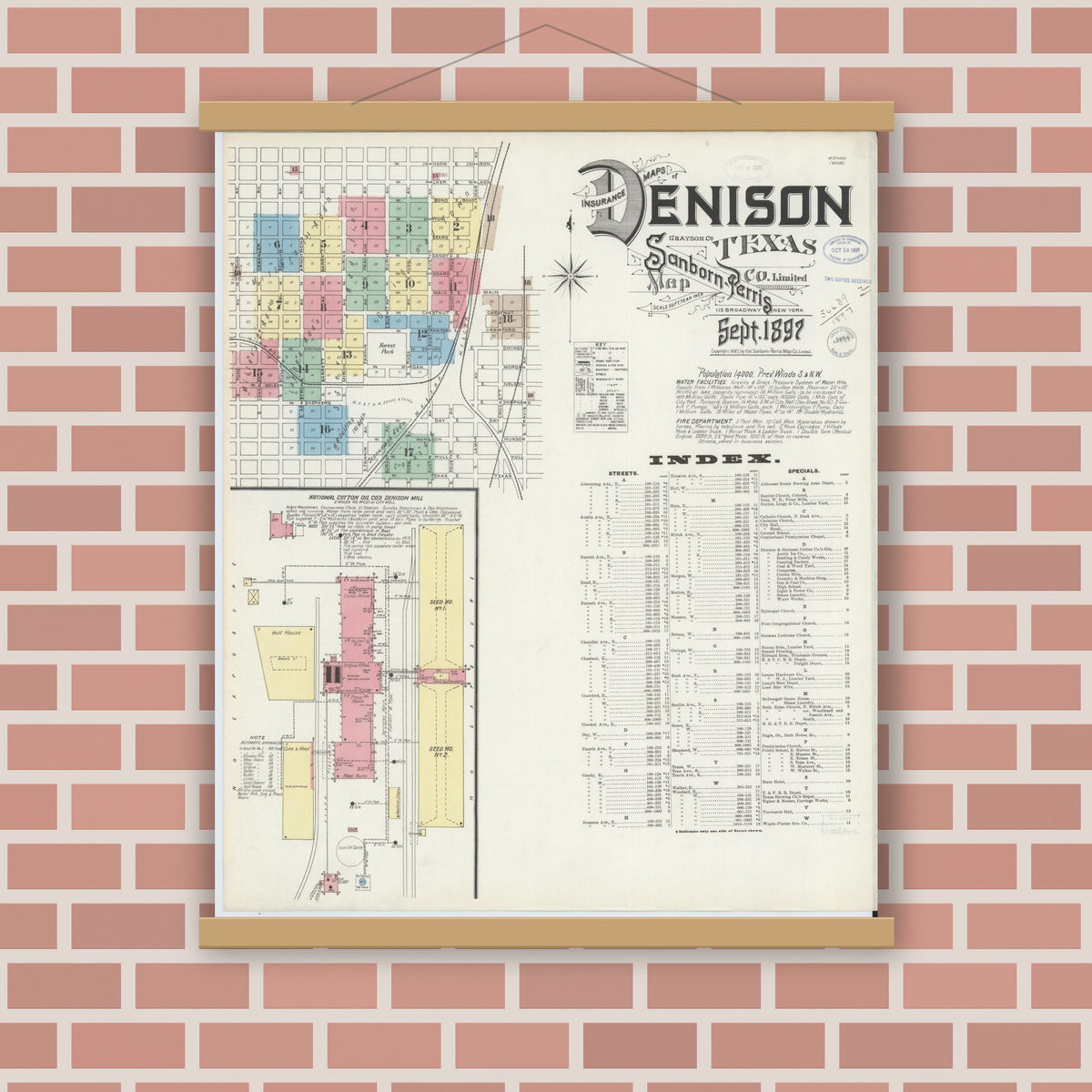 Old map wall art mockup — magnetic wood frame on brick wall — Sanborn Fire Insurance Map from Denison, Grayson County, Texas (1897), Sheet #0001