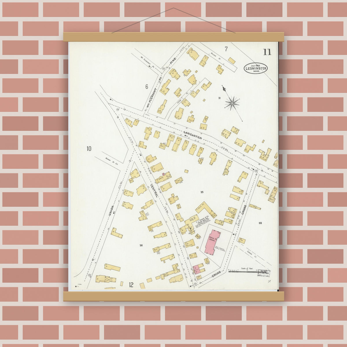 Old map wall art mockup — magnetic wood frame on brick wall — Sanborn Fire Insurance Map from Leominster, Worcester County, Massachusetts (1906), Sheet #0011