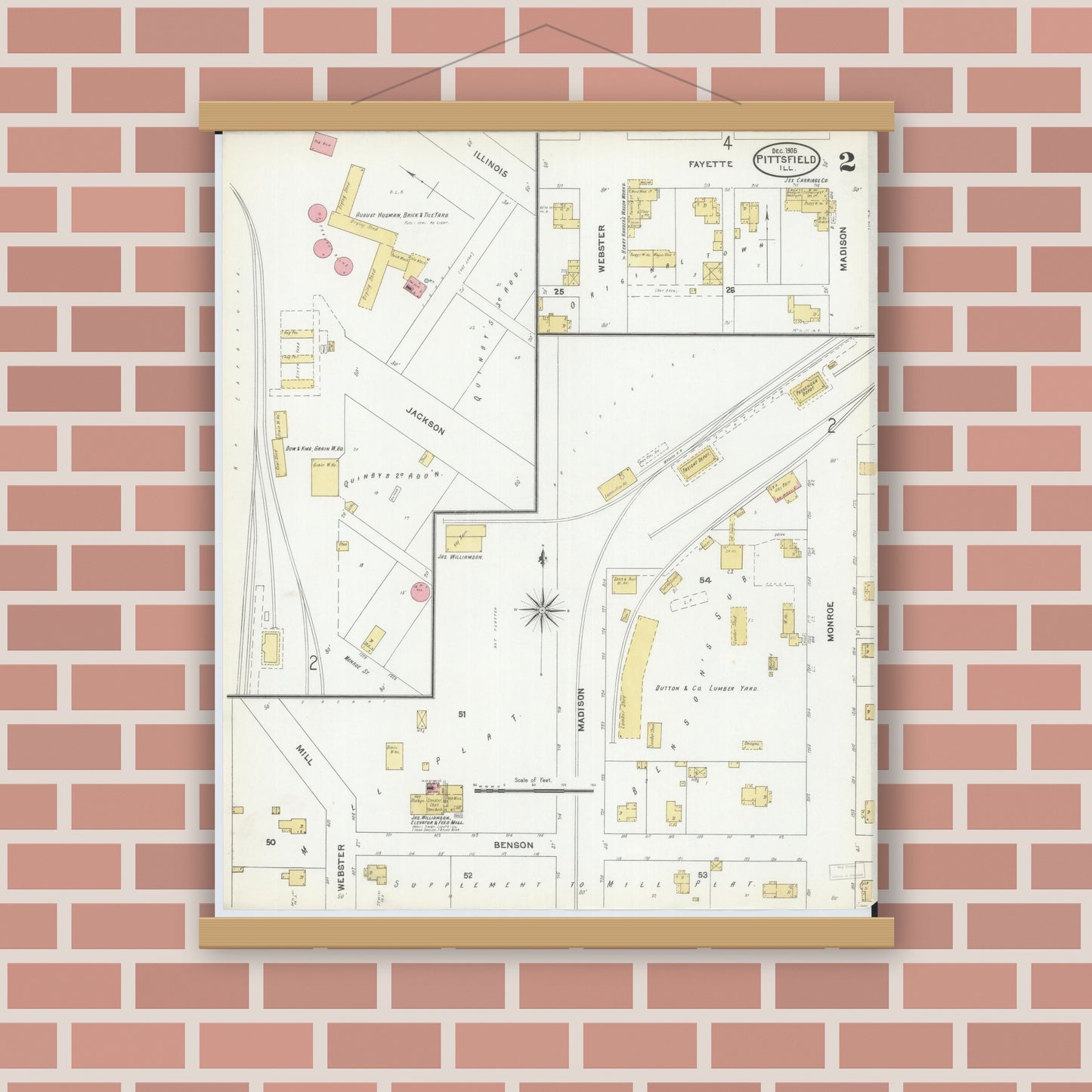 Old map wall art mockup — magnetic wood frame on brick wall — Sanborn Fire Insurance Map from Pittsfield, Pike County, Illinois (1905), Sheet #0002