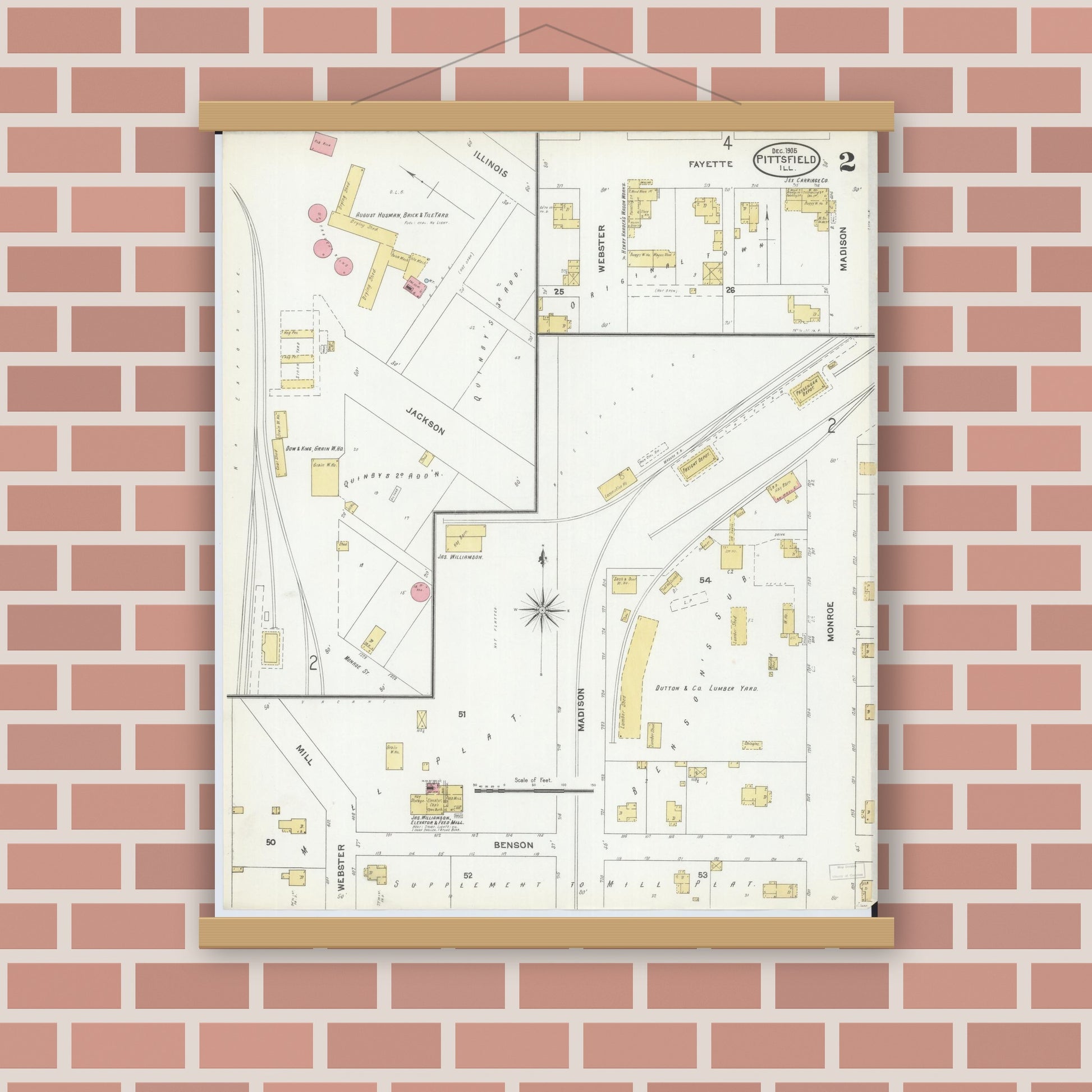 Old map wall art mockup — magnetic wood frame on brick wall — Sanborn Fire Insurance Map from Pittsfield, Pike County, Illinois (1905), Sheet #0002