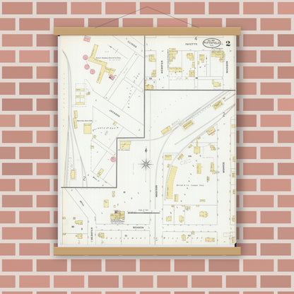 Old map wall art mockup — magnetic wood frame on brick wall — Sanborn Fire Insurance Map from Pittsfield, Pike County, Illinois (1905), Sheet #0002
