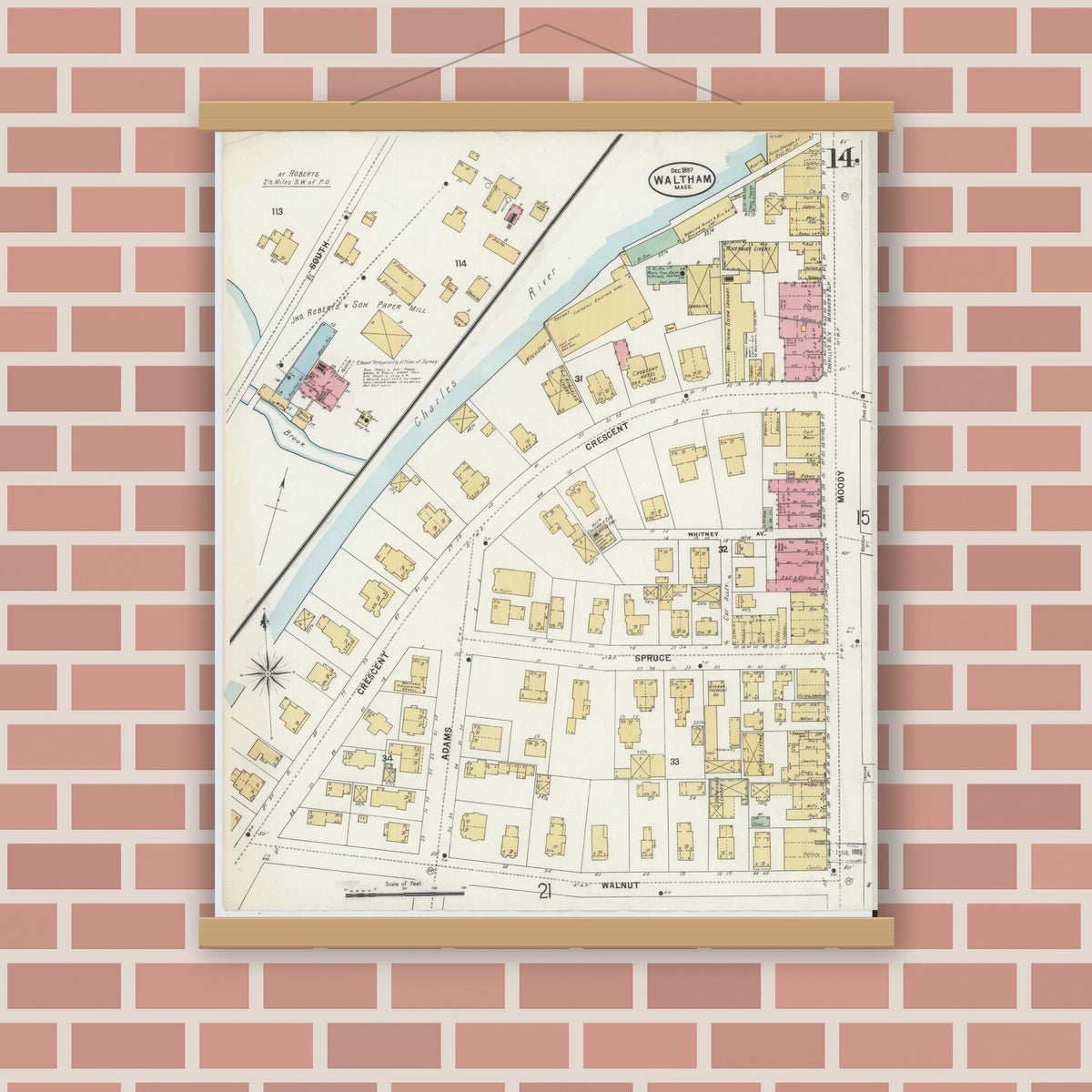 Old map wall art mockup — magnetic wood frame on brick wall — Sanborn Fire Insurance Map from Waltham, Middlesex County, Massachusetts (1897), Sheet #0014