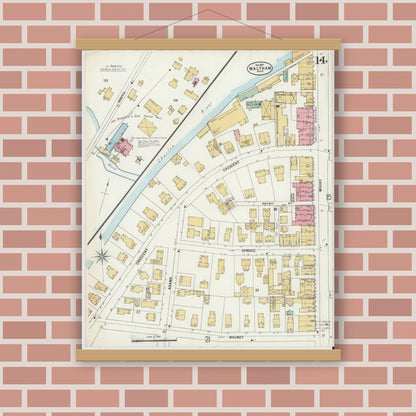 Old map wall art mockup — magnetic wood frame on brick wall — Sanborn Fire Insurance Map from Waltham, Middlesex County, Massachusetts (1897), Sheet #0014