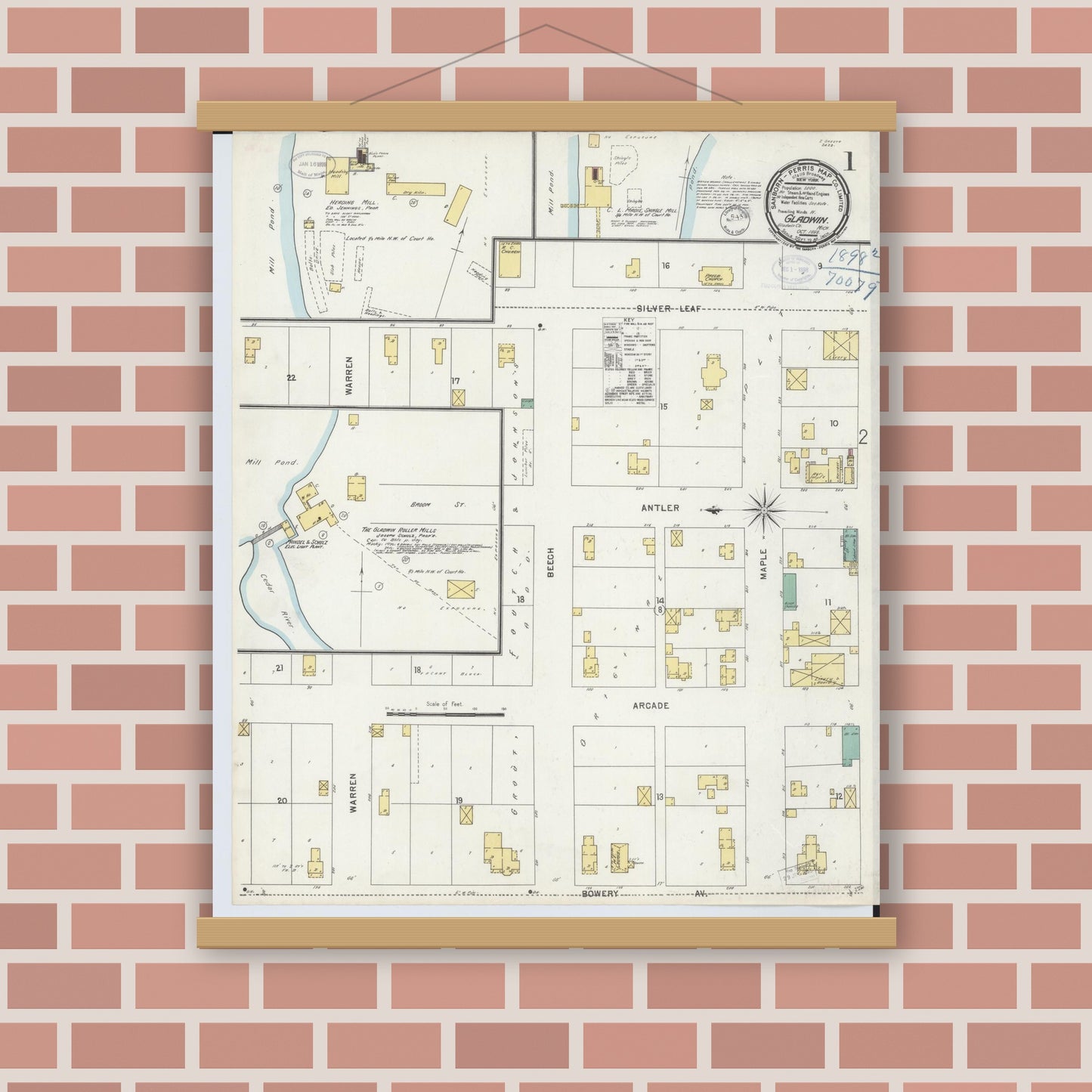 Old map wall art mockup — magnetic wood frame on brick wall — Sanborn Fire Insurance Map from Gladwin, Gladwin County, Michigan (1898) - Complete Map Set