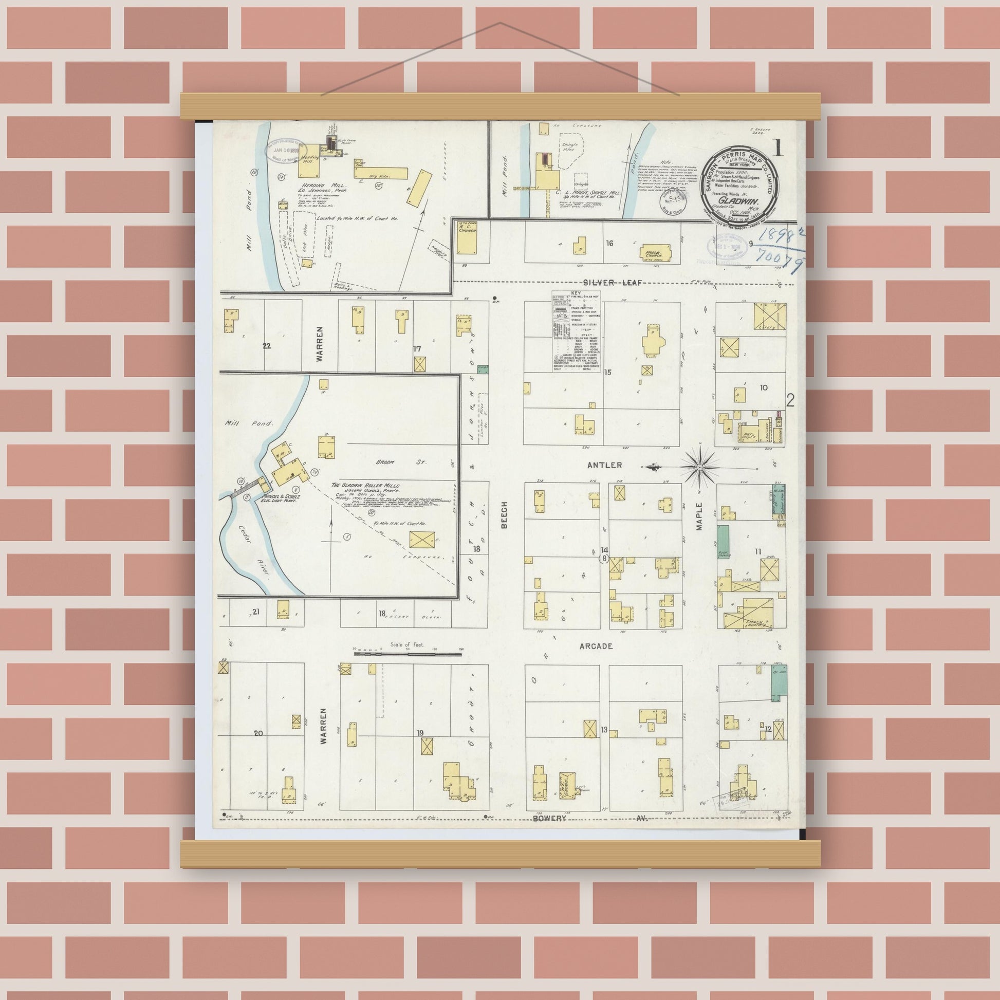 Old map wall art mockup — magnetic wood frame on brick wall — Sanborn Fire Insurance Map from Gladwin, Gladwin County, Michigan (1898) - Complete Map Set