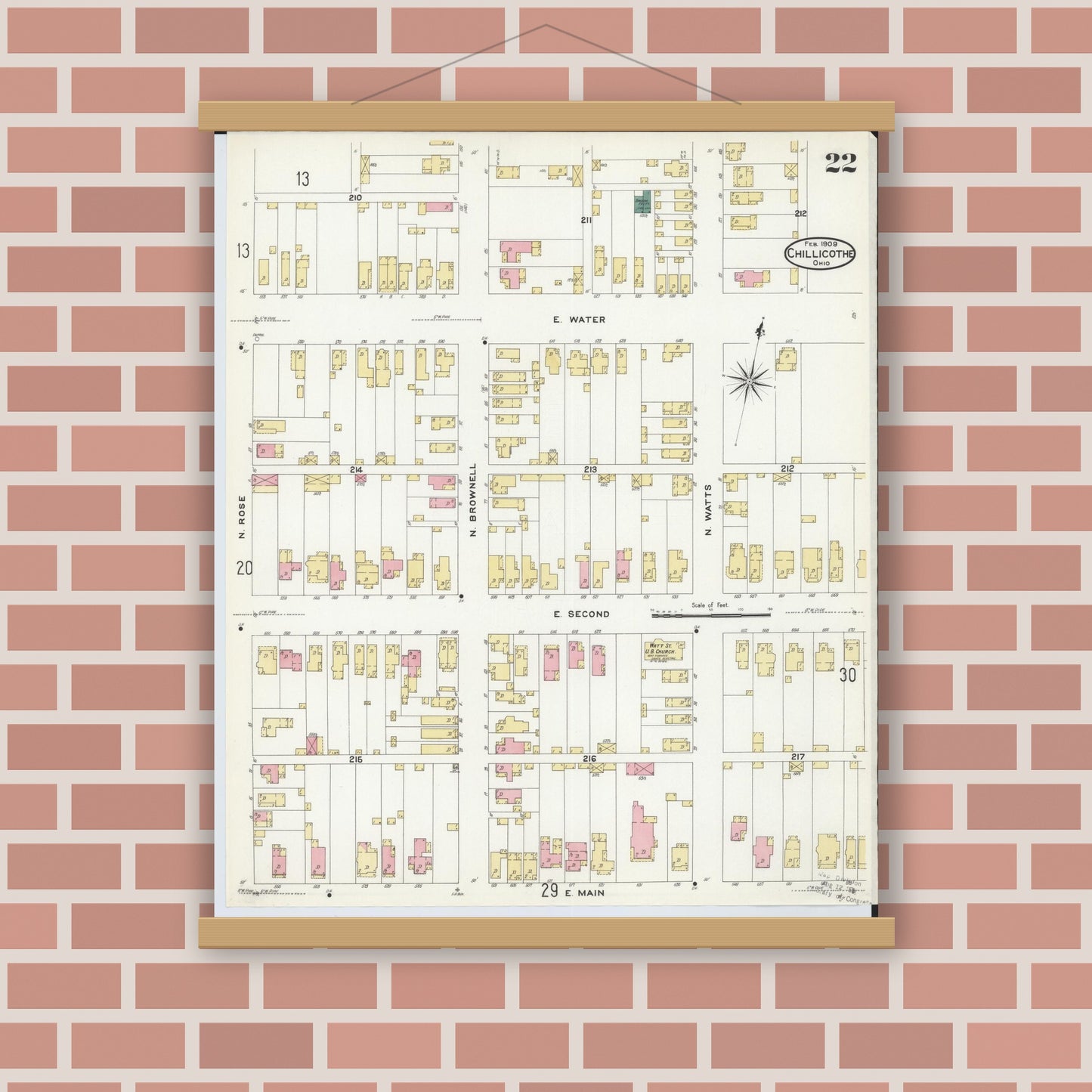Old map wall art mockup — magnetic wood frame on brick wall — Sanborn Fire Insurance Map from Chillicothe, Ross County, Ohio (1909), Sheet #0022
