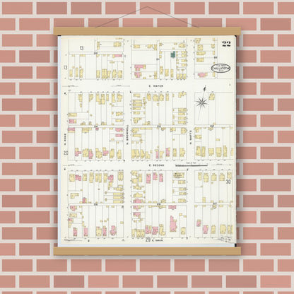 Old map wall art mockup — magnetic wood frame on brick wall — Sanborn Fire Insurance Map from Chillicothe, Ross County, Ohio (1909), Sheet #0022
