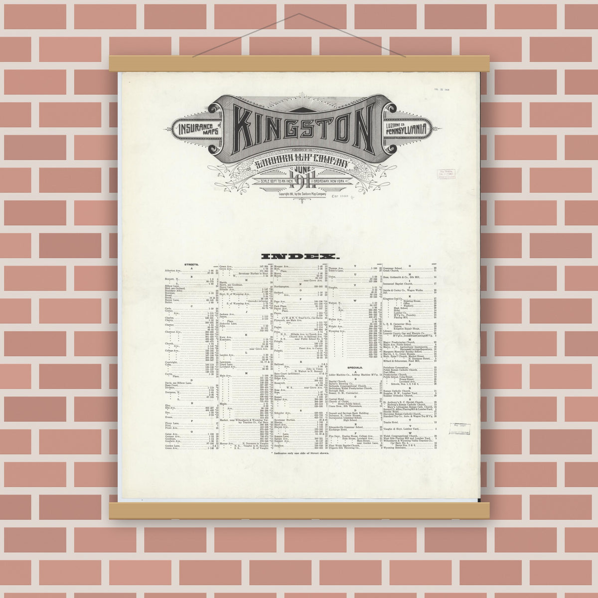 Old map wall art mockup — magnetic wood frame on brick wall — Sanborn Fire Insurance Map from Kingston, Luzerne County, Pennsylvania (1911), Sheet #0001