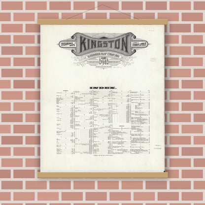 Old map wall art mockup — magnetic wood frame on brick wall — Sanborn Fire Insurance Map from Kingston, Luzerne County, Pennsylvania (1911), Sheet #0001