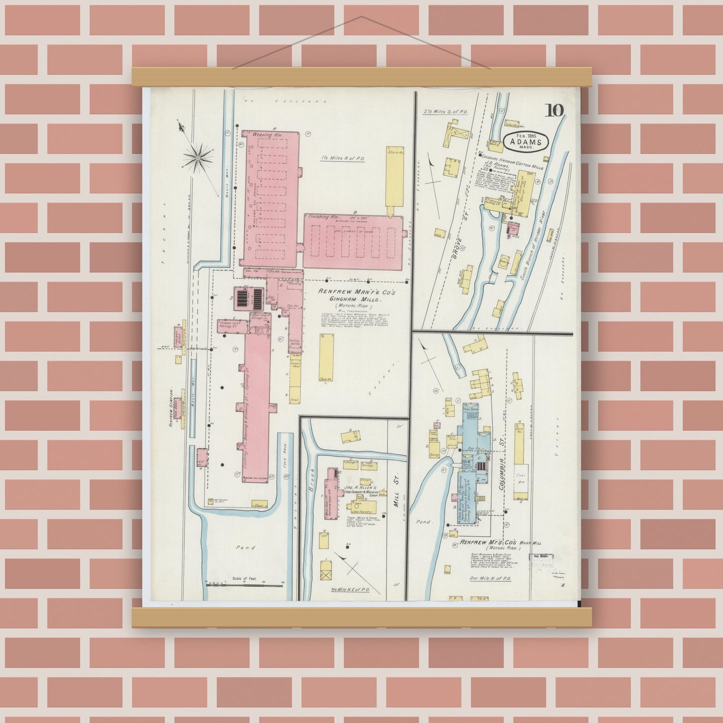 Old map wall art mockup — magnetic wood frame on brick wall — Sanborn Fire Insurance Map from Adams, Berkshire County, Massachusetts (1895), Sheet #0010
