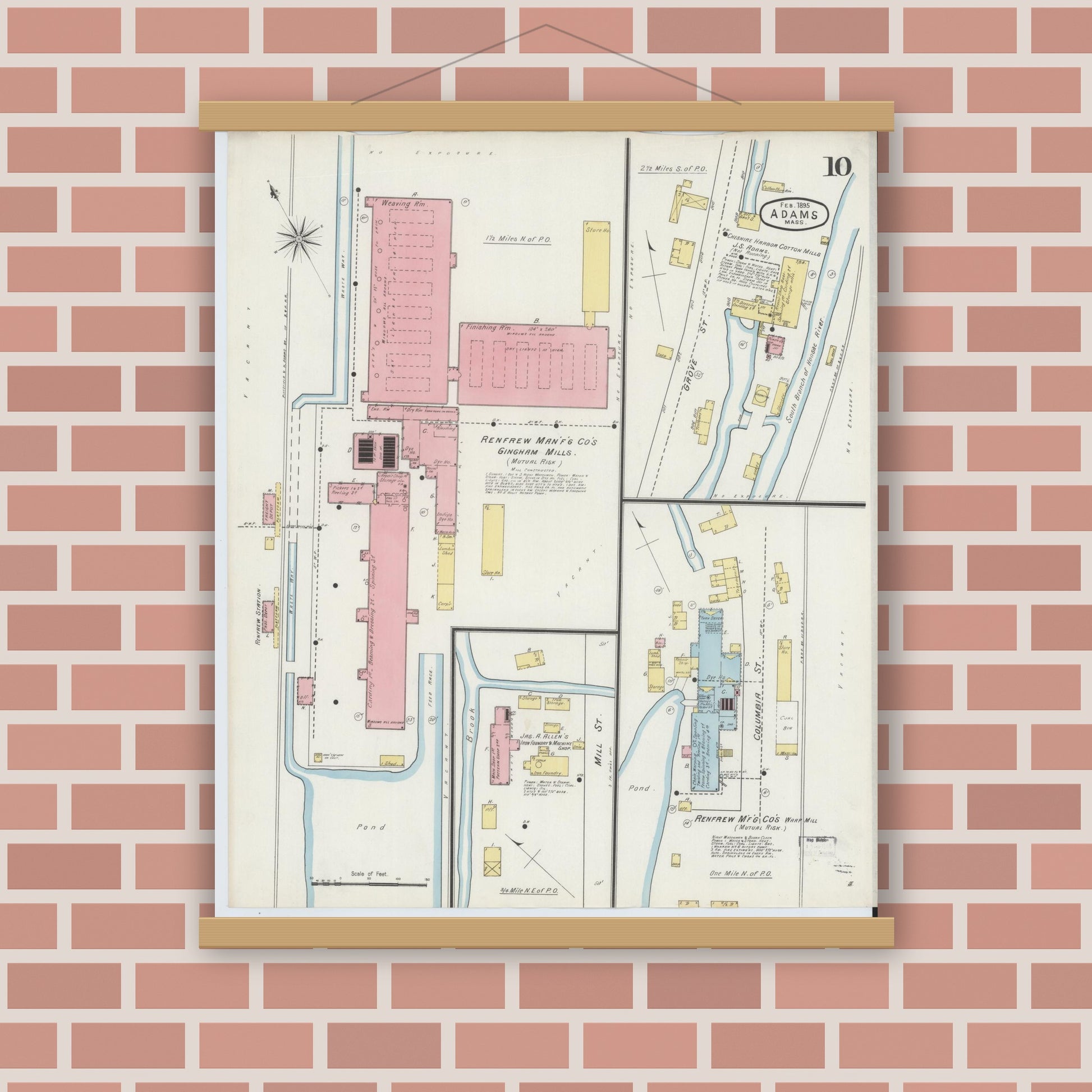 Old map wall art mockup — magnetic wood frame on brick wall — Sanborn Fire Insurance Map from Adams, Berkshire County, Massachusetts (1895), Sheet #0010