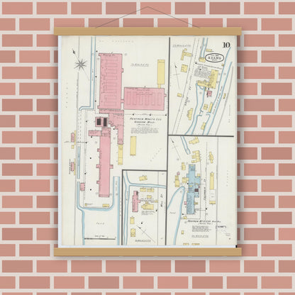 Old map wall art mockup — magnetic wood frame on brick wall — Sanborn Fire Insurance Map from Adams, Berkshire County, Massachusetts (1895), Sheet #0010