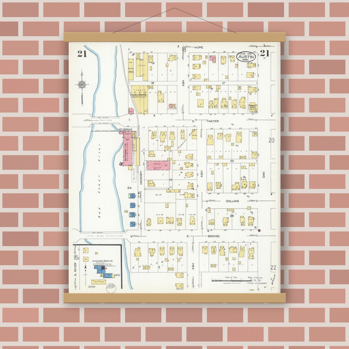 Old map wall art mockup — magnetic wood frame on brick wall — Sanborn Fire Insurance Map from Austin, Mower County, Minnesota (1926), Sheet #0021