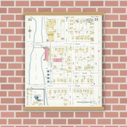 Old map wall art mockup — magnetic wood frame on brick wall — Sanborn Fire Insurance Map from Austin, Mower County, Minnesota (1926), Sheet #0021