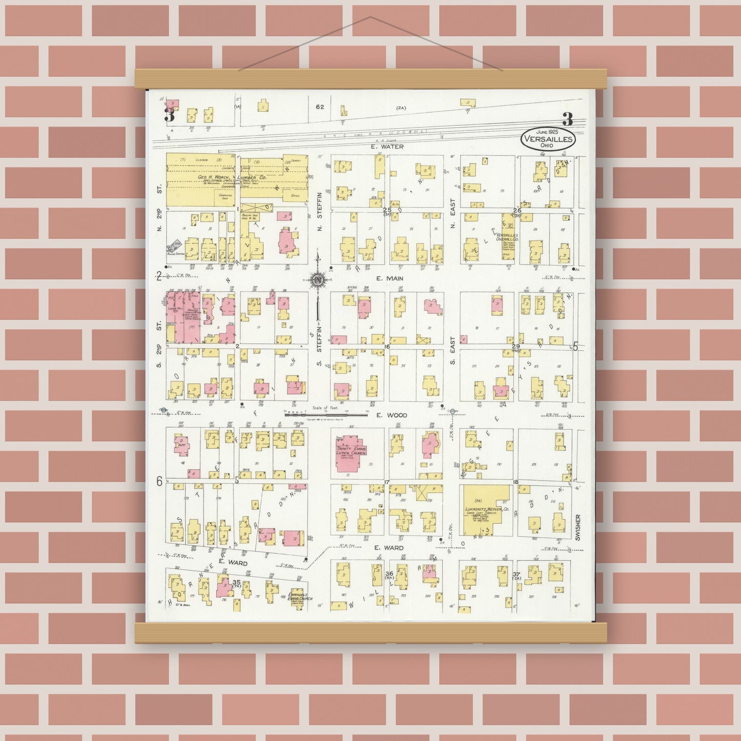 Old map wall art mockup — magnetic wood frame on brick wall — Sanborn Fire Insurance Map from Versailles, Darke County, Ohio (1925), Sheet #0003
