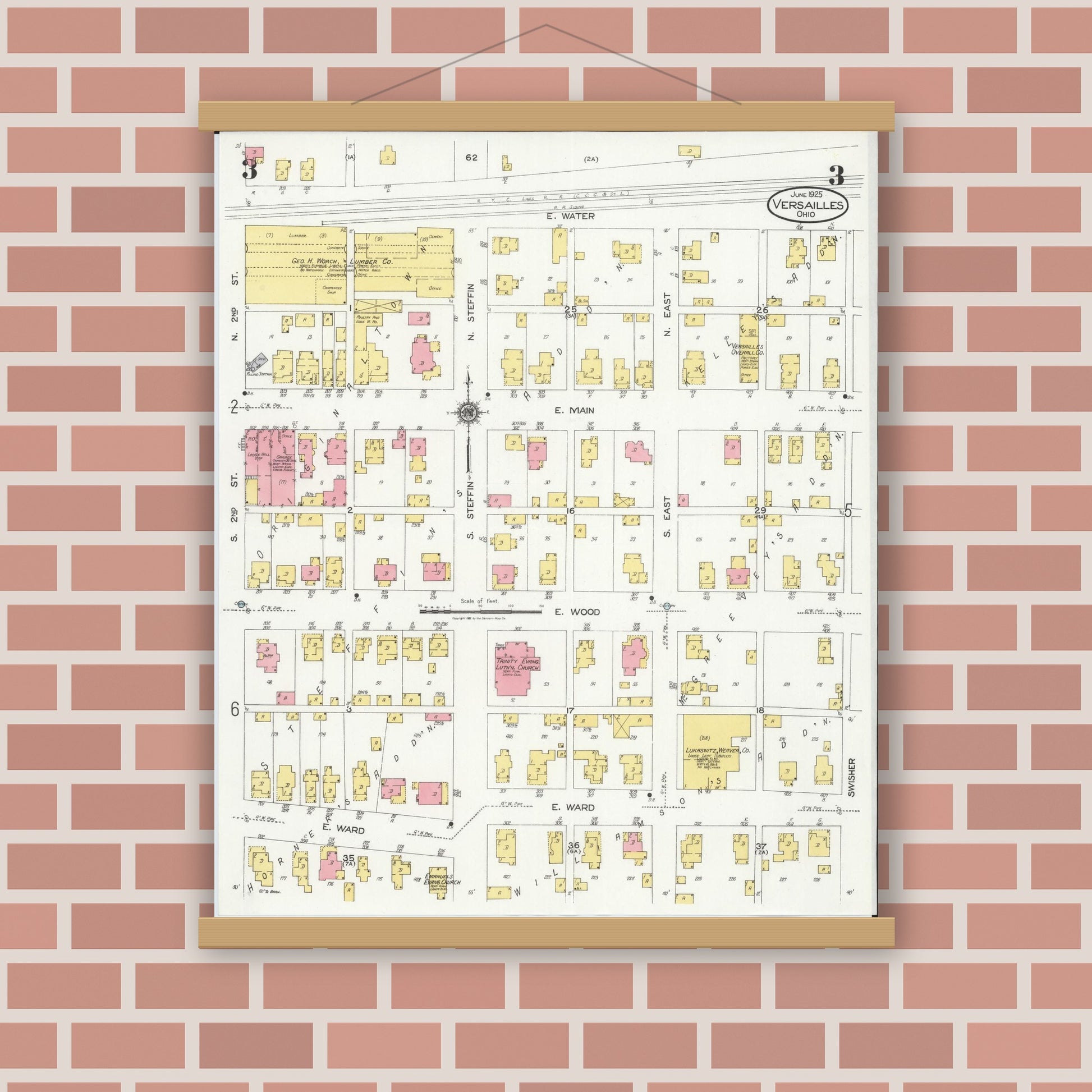 Old map wall art mockup — magnetic wood frame on brick wall — Sanborn Fire Insurance Map from Versailles, Darke County, Ohio (1925), Sheet #0003