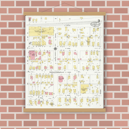 Old map wall art mockup — magnetic wood frame on brick wall — Sanborn Fire Insurance Map from Versailles, Darke County, Ohio (1925), Sheet #0003