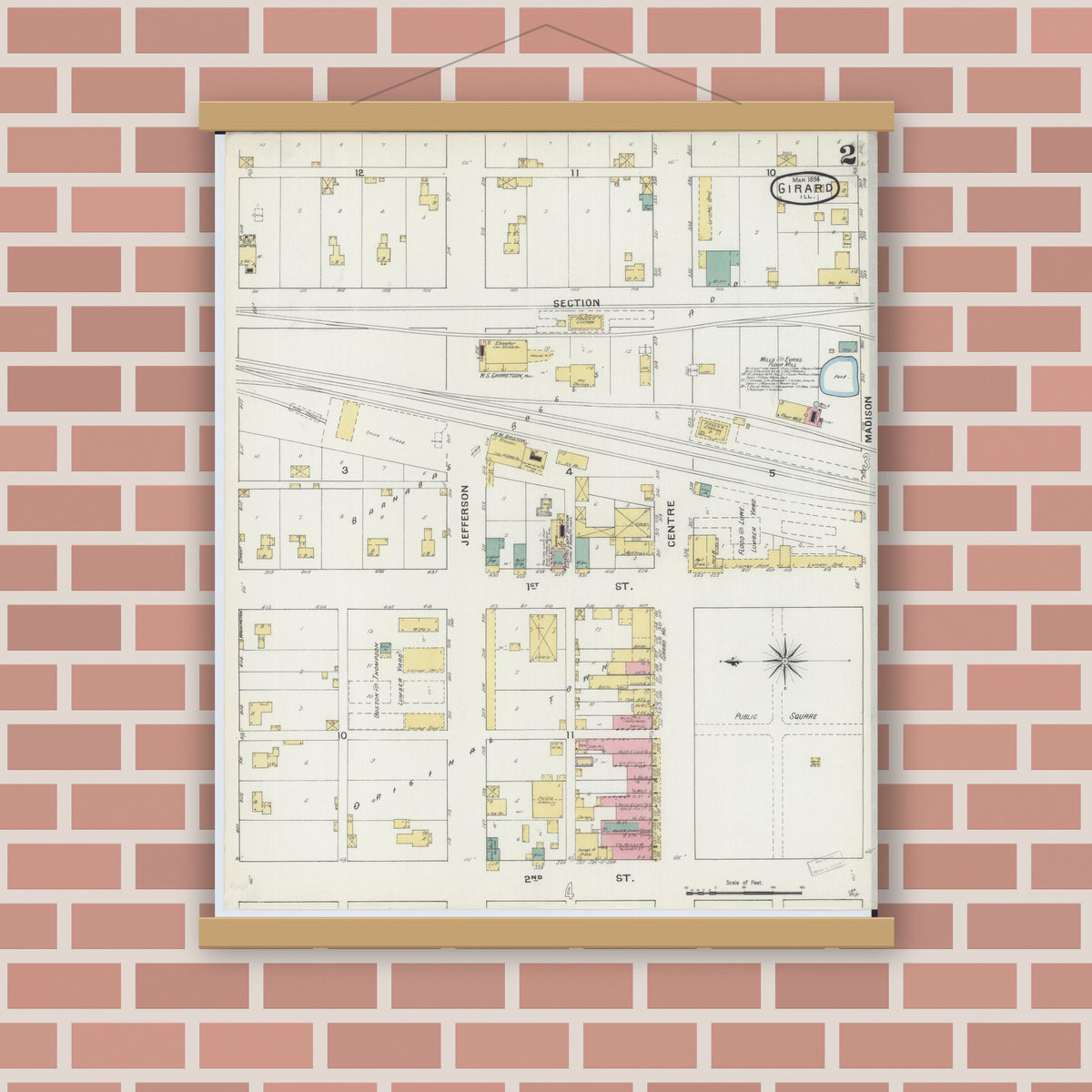 Old map wall art mockup — magnetic wood frame on brick wall — Sanborn Fire Insurance Map from Girard, Macoupin County, Illinois (1894), Sheet #0002