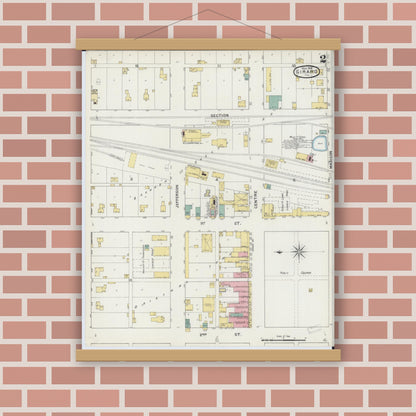 Old map wall art mockup — magnetic wood frame on brick wall — Sanborn Fire Insurance Map from Girard, Macoupin County, Illinois (1894), Sheet #0002