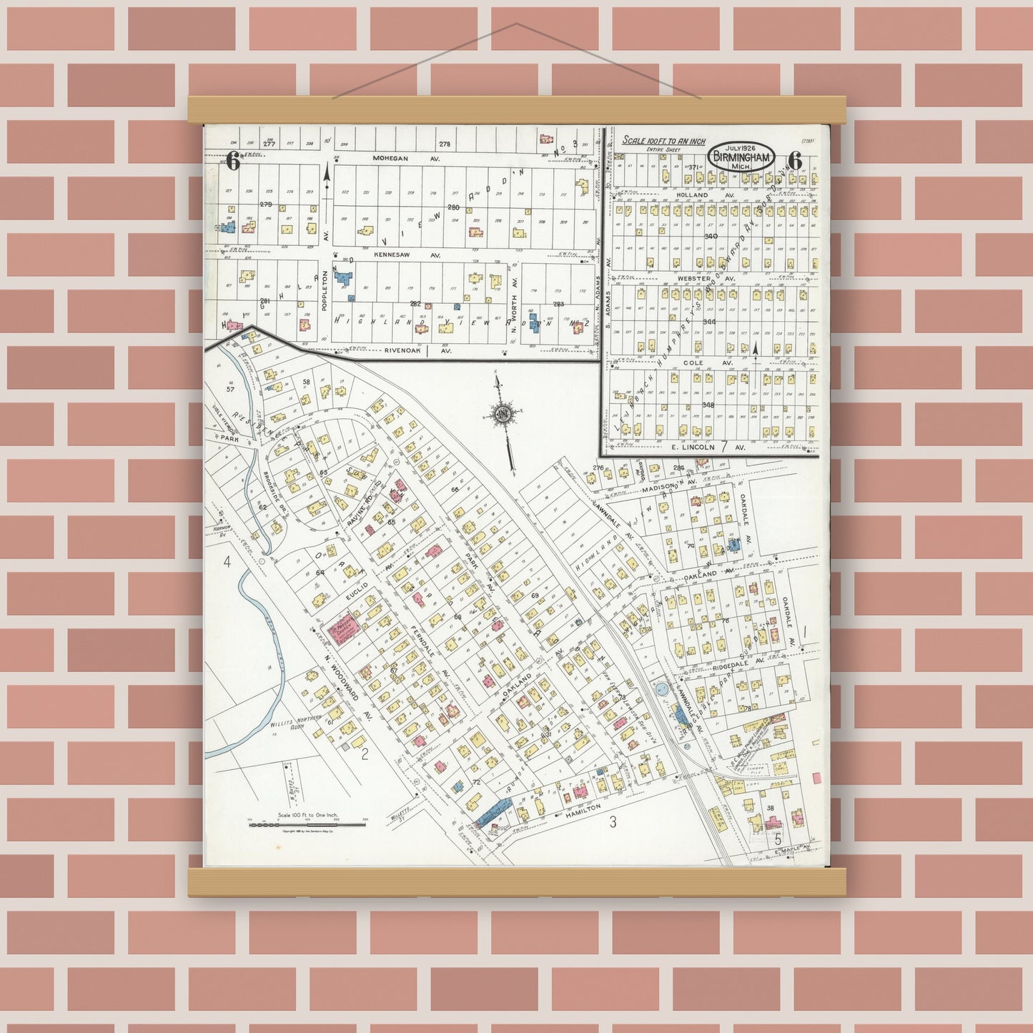Old map wall art mockup — magnetic wood frame on brick wall — Sanborn Fire Insurance Map from Birmingham, Oakland County, Michigan (1926), Sheet #0006