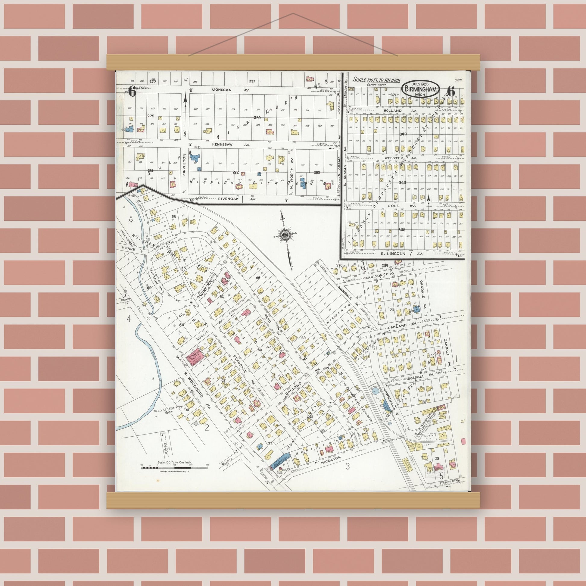 Old map wall art mockup — magnetic wood frame on brick wall — Sanborn Fire Insurance Map from Birmingham, Oakland County, Michigan (1926), Sheet #0006