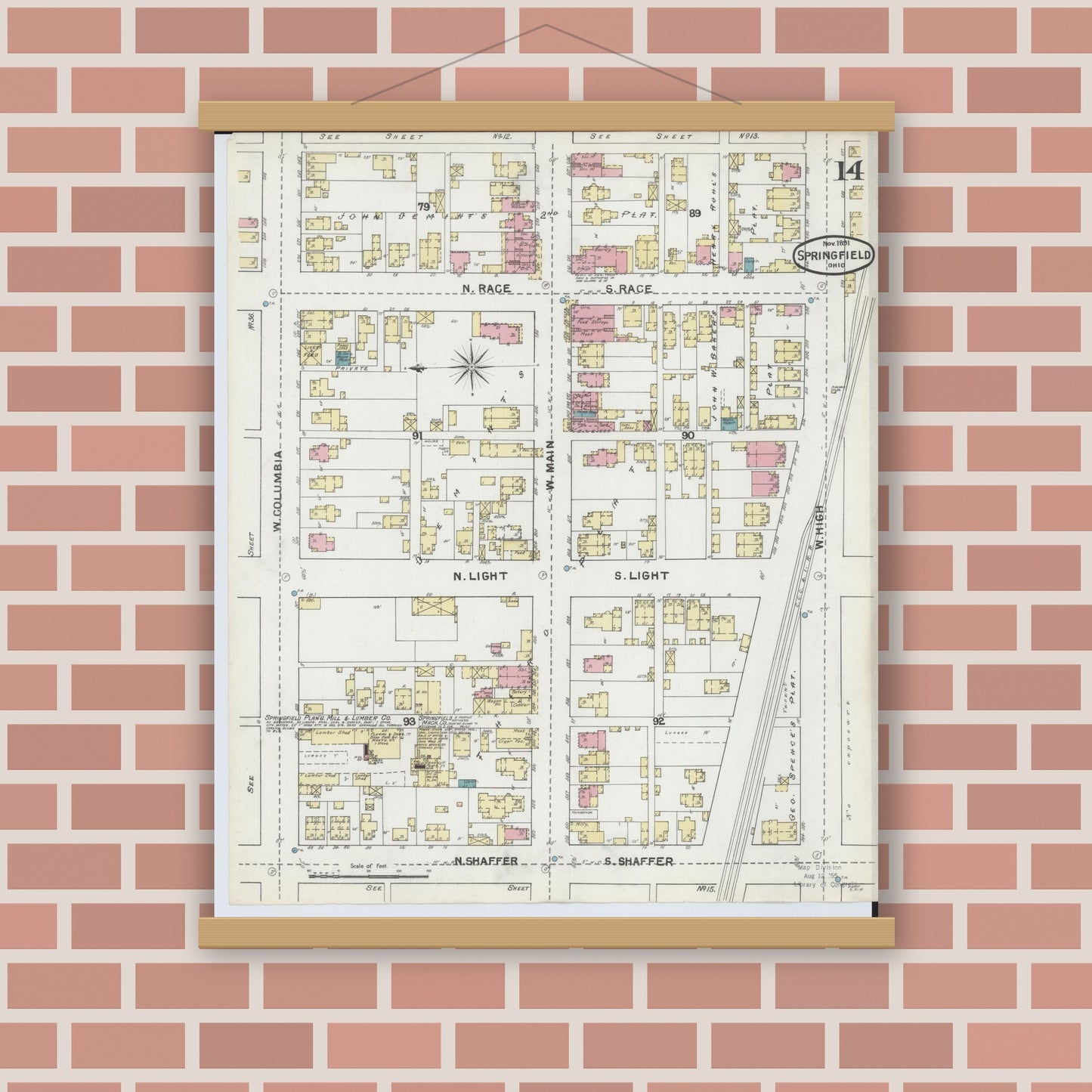 Old map wall art mockup — magnetic wood frame on brick wall — Sanborn Fire Insurance Map from Springfield, Clark County, Ohio (1891), Sheet #0014