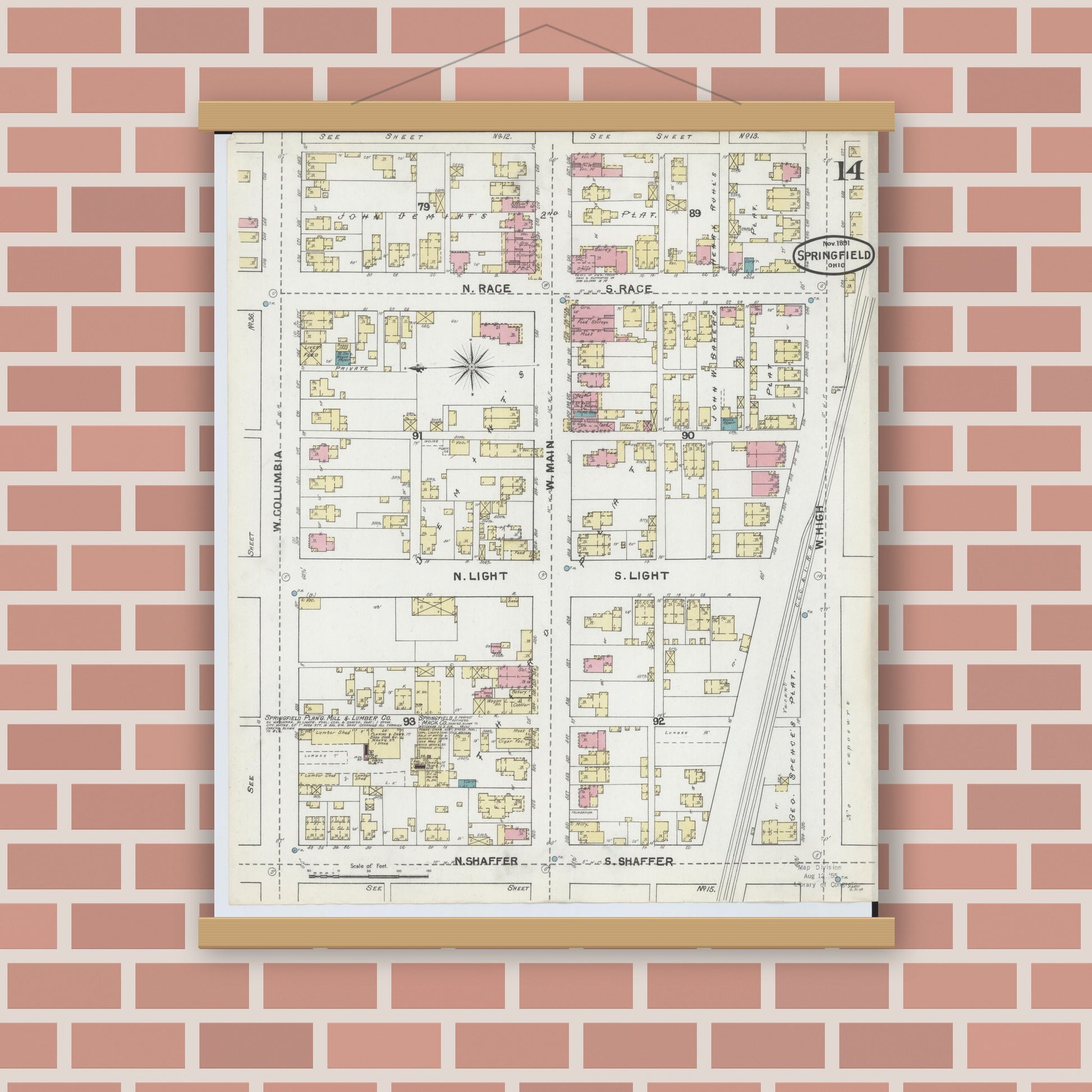 Old map wall art mockup — magnetic wood frame on brick wall — Sanborn Fire Insurance Map from Springfield, Clark County, Ohio (1891), Sheet #0014