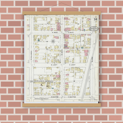 Old map wall art mockup — magnetic wood frame on brick wall — Sanborn Fire Insurance Map from Springfield, Clark County, Ohio (1891), Sheet #0014