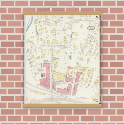 Old map wall art mockup — magnetic wood frame on brick wall — Sanborn Fire Insurance Map from Amesbury, Essex County, Massachusetts (1894), Sheet #0005