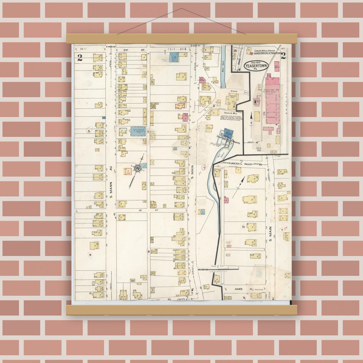 Old map wall art mockup — magnetic wood frame on brick wall — Sanborn Fire Insurance Map from Yeagertown, Mifflin County, Pennsylvania (1928), Sheet #0002