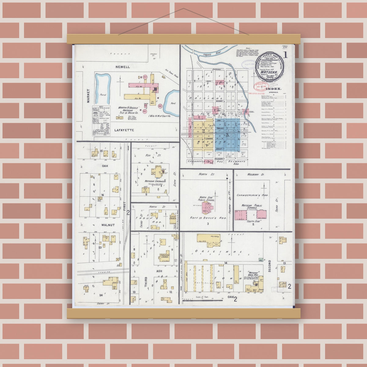 Old map wall art mockup — magnetic wood frame on brick wall — Sanborn Fire Insurance Map from Watseka, Iroquois County, Illinois (1897) - Complete Map Set
