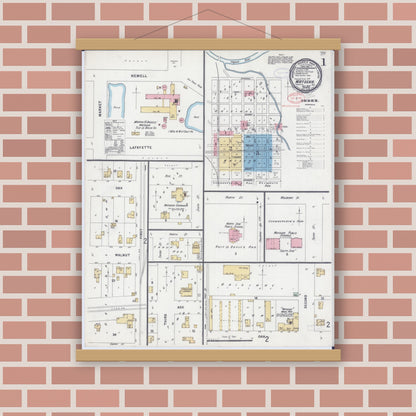 Old map wall art mockup — magnetic wood frame on brick wall — Sanborn Fire Insurance Map from Watseka, Iroquois County, Illinois (1897) - Complete Map Set