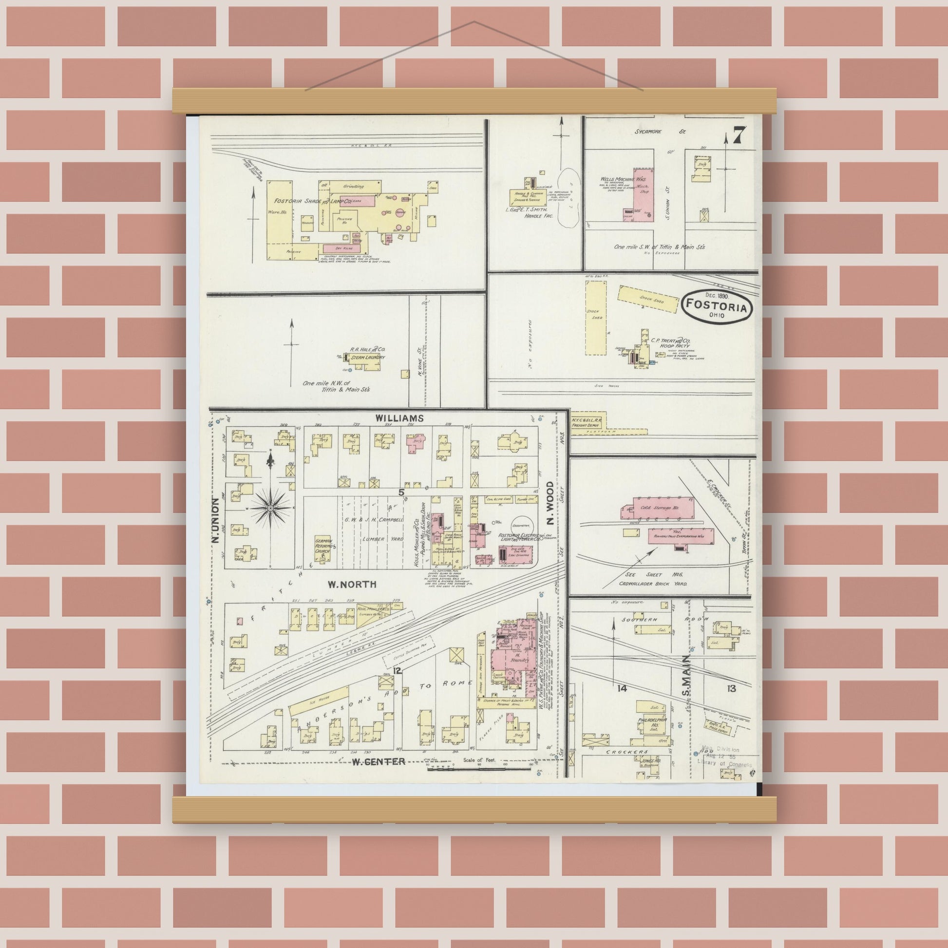 Old map wall art mockup — magnetic wood frame on brick wall — Sanborn Fire Insurance Map from Fostoria, Seneca, Hancock, And Wood Counties, Ohio (1891), Sheet #0007