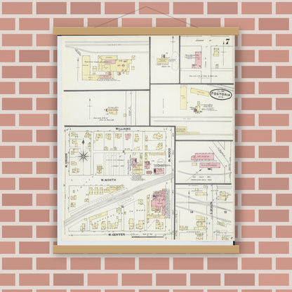 Old map wall art mockup — magnetic wood frame on brick wall — Sanborn Fire Insurance Map from Fostoria, Seneca, Hancock, And Wood Counties, Ohio (1891), Sheet #0007