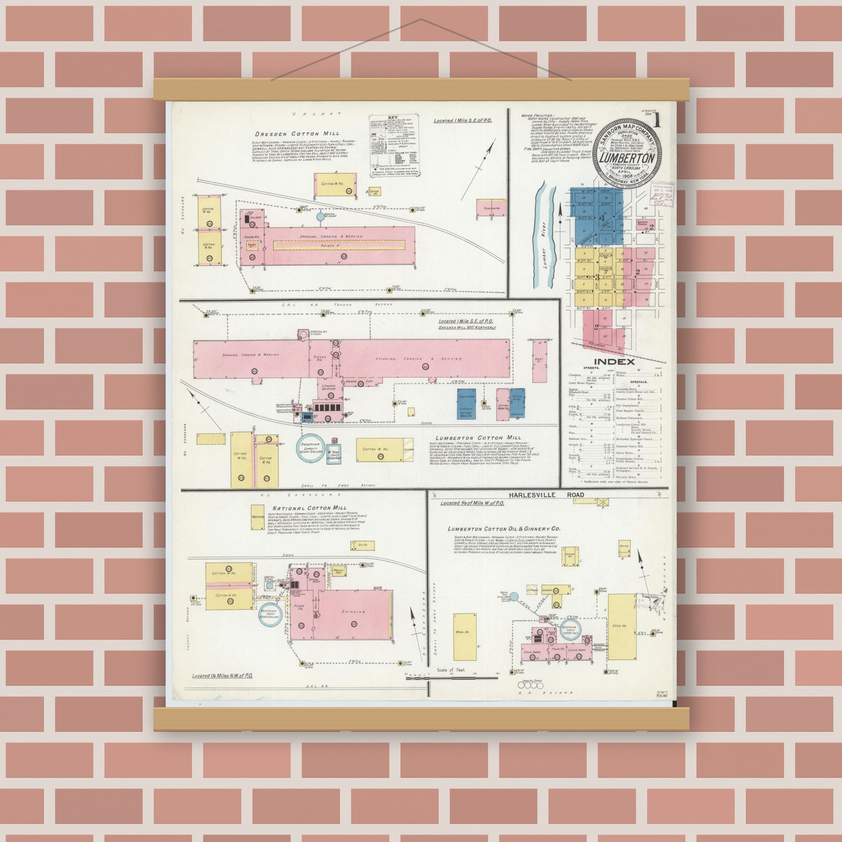 Old map wall art mockup — magnetic wood frame on brick wall — Sanborn Fire Insurance Map from Lumberton, Robeson County, North Carolina (1908), Sheet #0001
