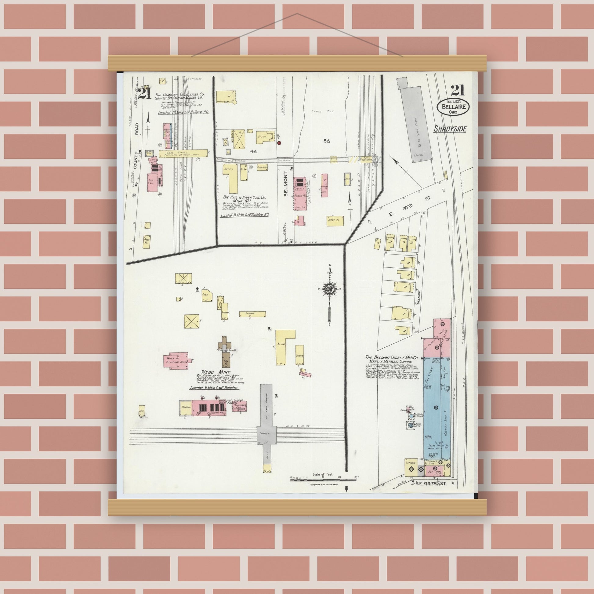Old map wall art mockup — magnetic wood frame on brick wall — Sanborn Fire Insurance Map from Bellaire, Belmont County, Ohio (1924), Sheet #0021