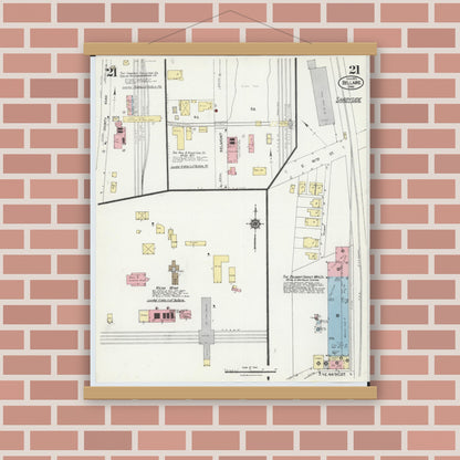 Old map wall art mockup — magnetic wood frame on brick wall — Sanborn Fire Insurance Map from Bellaire, Belmont County, Ohio (1924), Sheet #0021