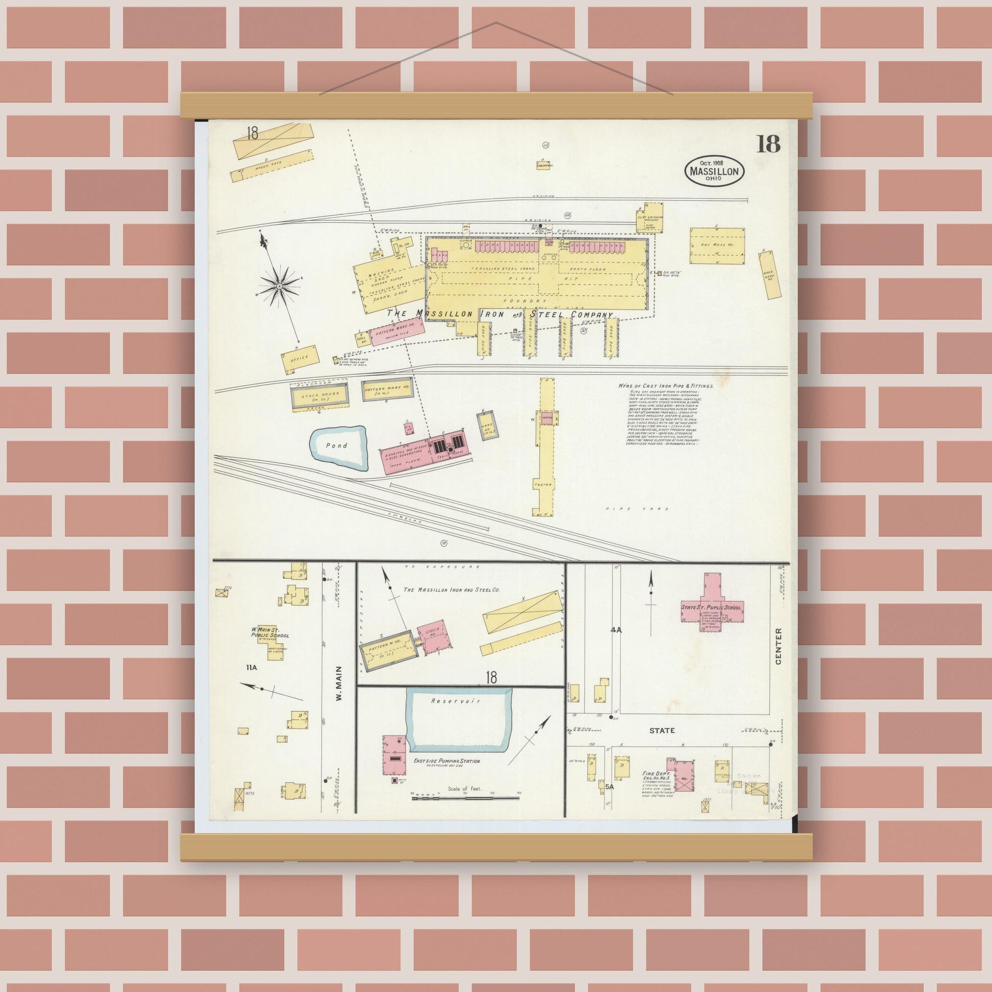 Old map wall art mockup — magnetic wood frame on brick wall — Sanborn Fire Insurance Map from Massillon, Stark County, Ohio (1908), Sheet #0018