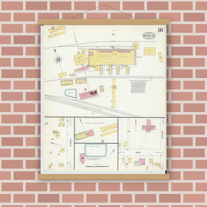 Old map wall art mockup — magnetic wood frame on brick wall — Sanborn Fire Insurance Map from Massillon, Stark County, Ohio (1908), Sheet #0018