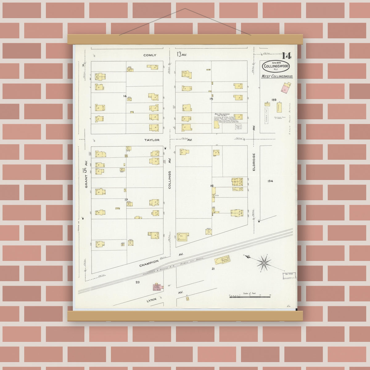 Old map wall art mockup — magnetic wood frame on brick wall — Sanborn Fire Insurance Map from Collingswood, Camden County, New Jersey (1909), Sheet #0014