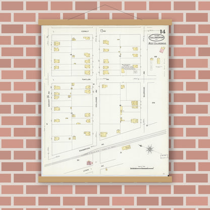 Old map wall art mockup — magnetic wood frame on brick wall — Sanborn Fire Insurance Map from Collingswood, Camden County, New Jersey (1909), Sheet #0014