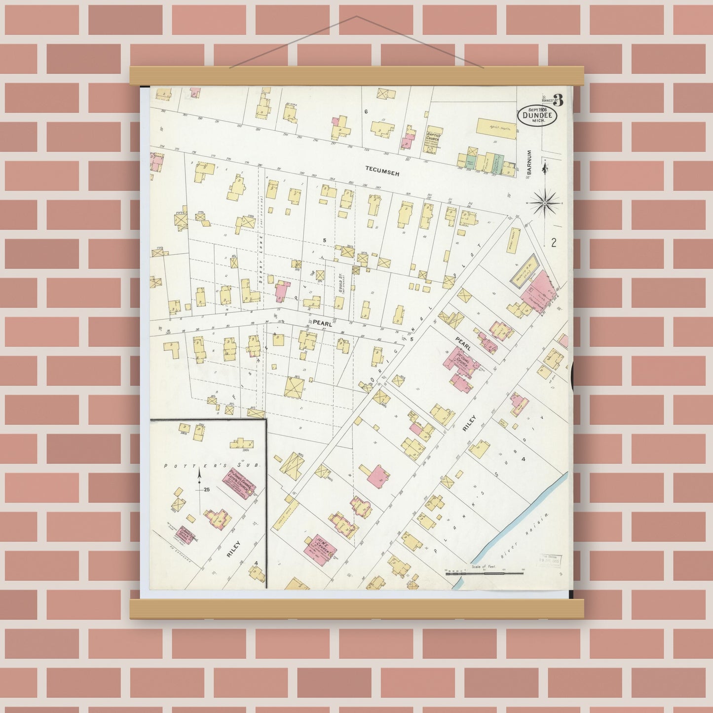 Old map wall art mockup — magnetic wood frame on brick wall — Sanborn Fire Insurance Map from Dundee, Monroe County, Michigan (1908), Sheet #0003