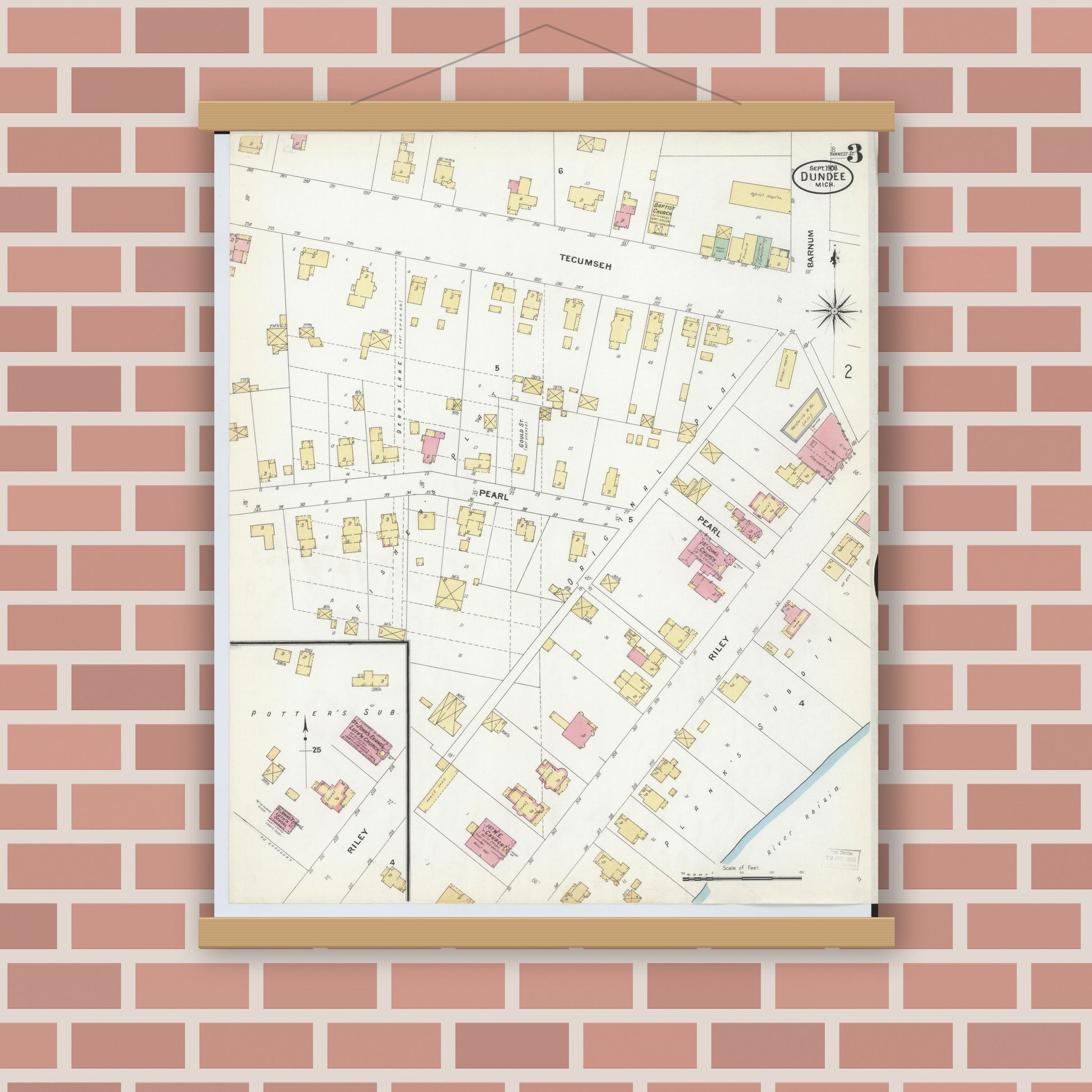 Old map wall art mockup — magnetic wood frame on brick wall — Sanborn Fire Insurance Map from Dundee, Monroe County, Michigan (1908), Sheet #0003