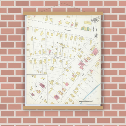 Old map wall art mockup — magnetic wood frame on brick wall — Sanborn Fire Insurance Map from Dundee, Monroe County, Michigan (1908), Sheet #0003