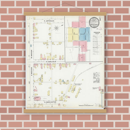 Old map wall art mockup — magnetic wood frame on brick wall — Sanborn Fire Insurance Map from Greencastle, Franklin County, Pennsylvania (1891), Sheet #0001