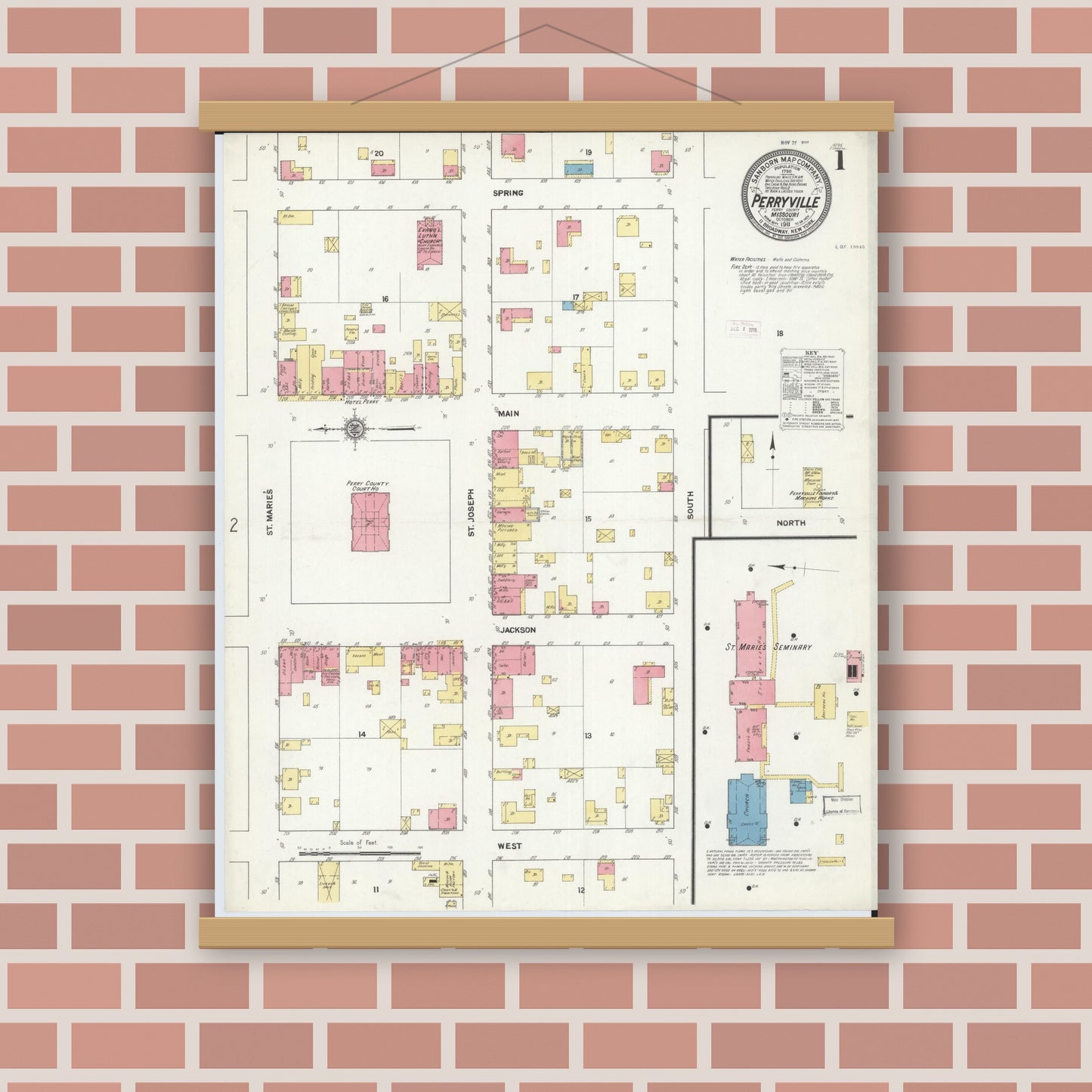 Old map wall art mockup — magnetic wood frame on brick wall — Sanborn Fire Insurance Map from Perryville, Perry County, Missouri (1911), Sheet #0001