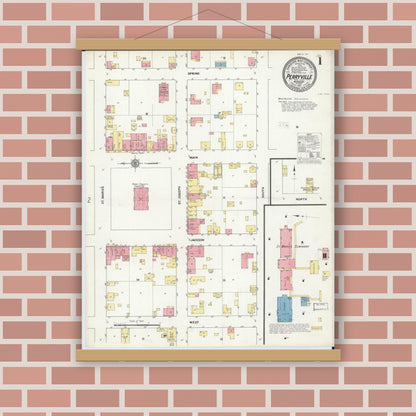 Old map wall art mockup — magnetic wood frame on brick wall — Sanborn Fire Insurance Map from Perryville, Perry County, Missouri (1911), Sheet #0001