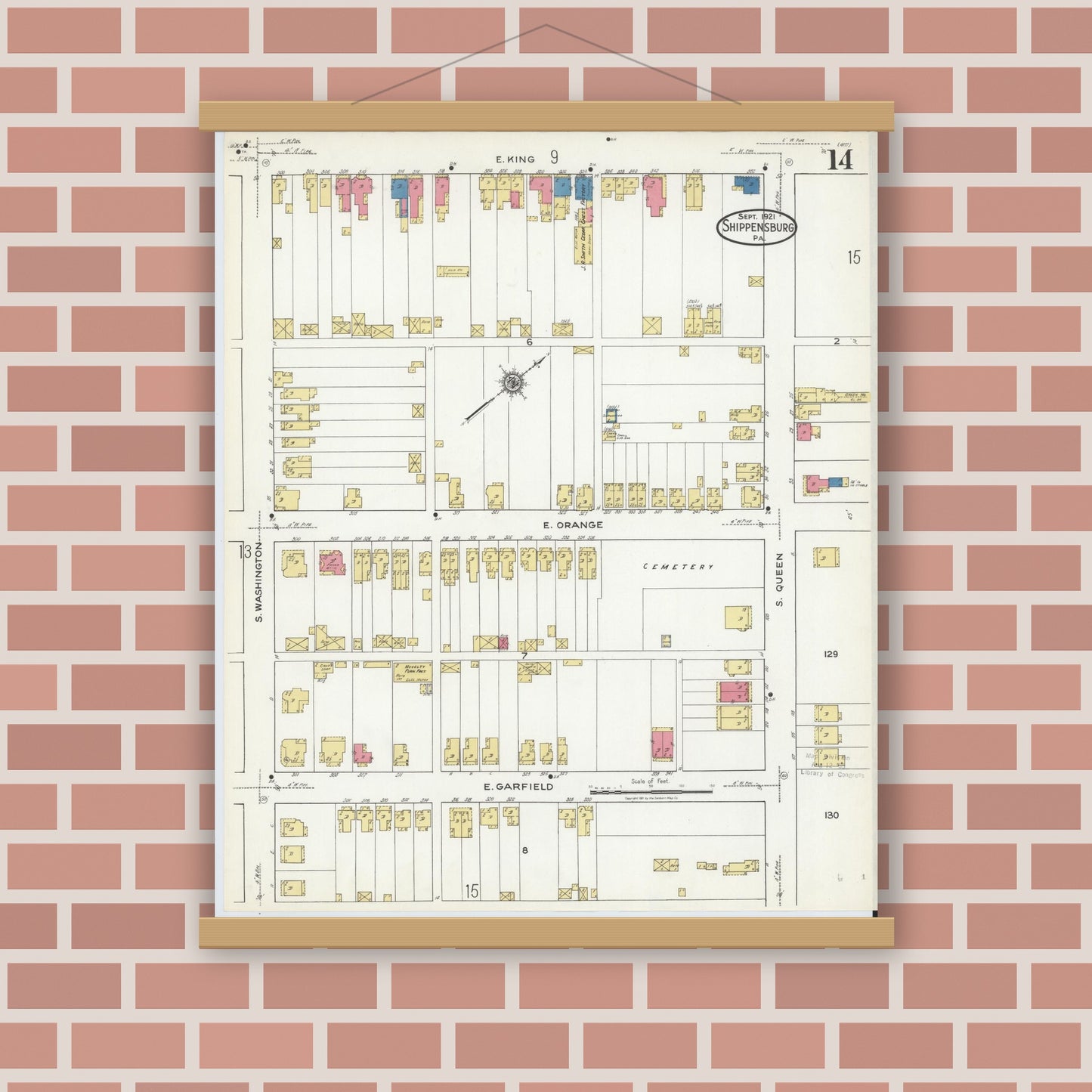 Old map wall art mockup — magnetic wood frame on brick wall — Sanborn Fire Insurance Map from Shippensburg, Cumberland And Franklin Counties, Pennsylvania (1921), Sheet #0014