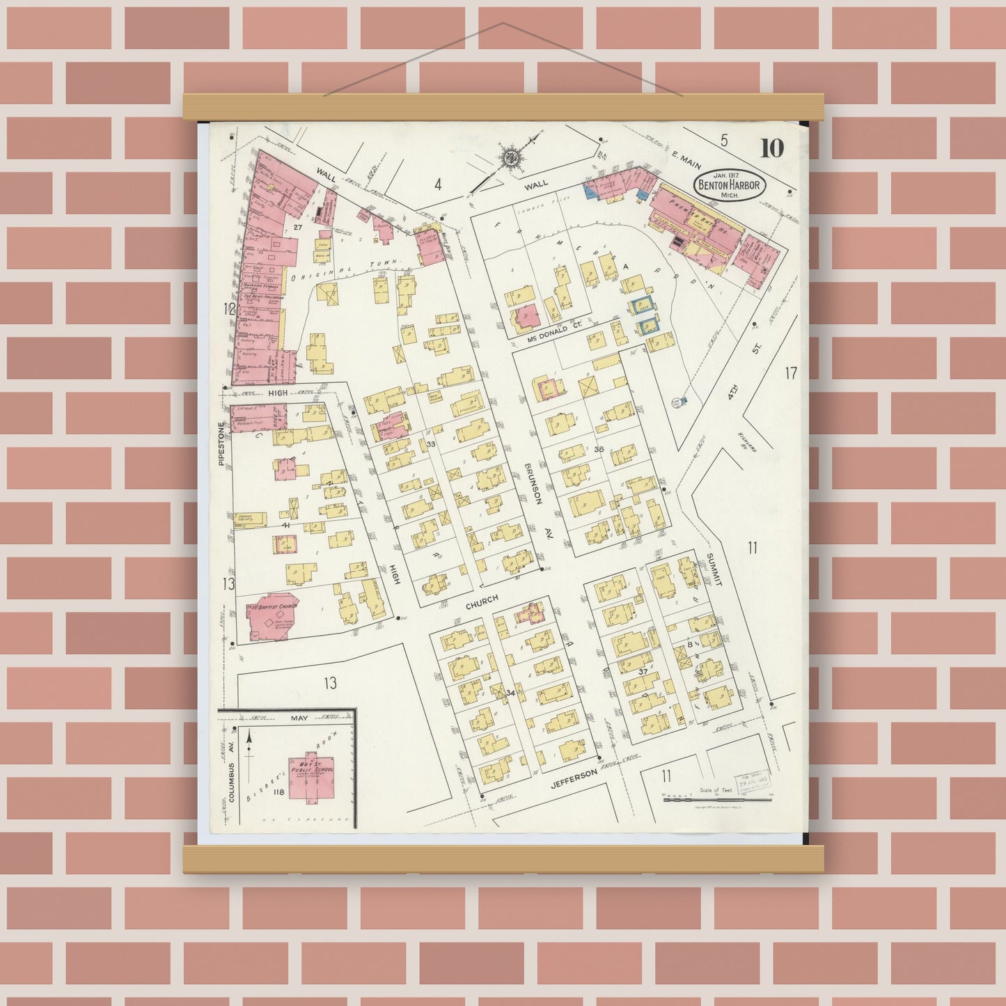 Old map wall art mockup — magnetic wood frame on brick wall — Sanborn Fire Insurance Map from Benton Harbor, Berrien County, Michigan (1917), Sheet #0010