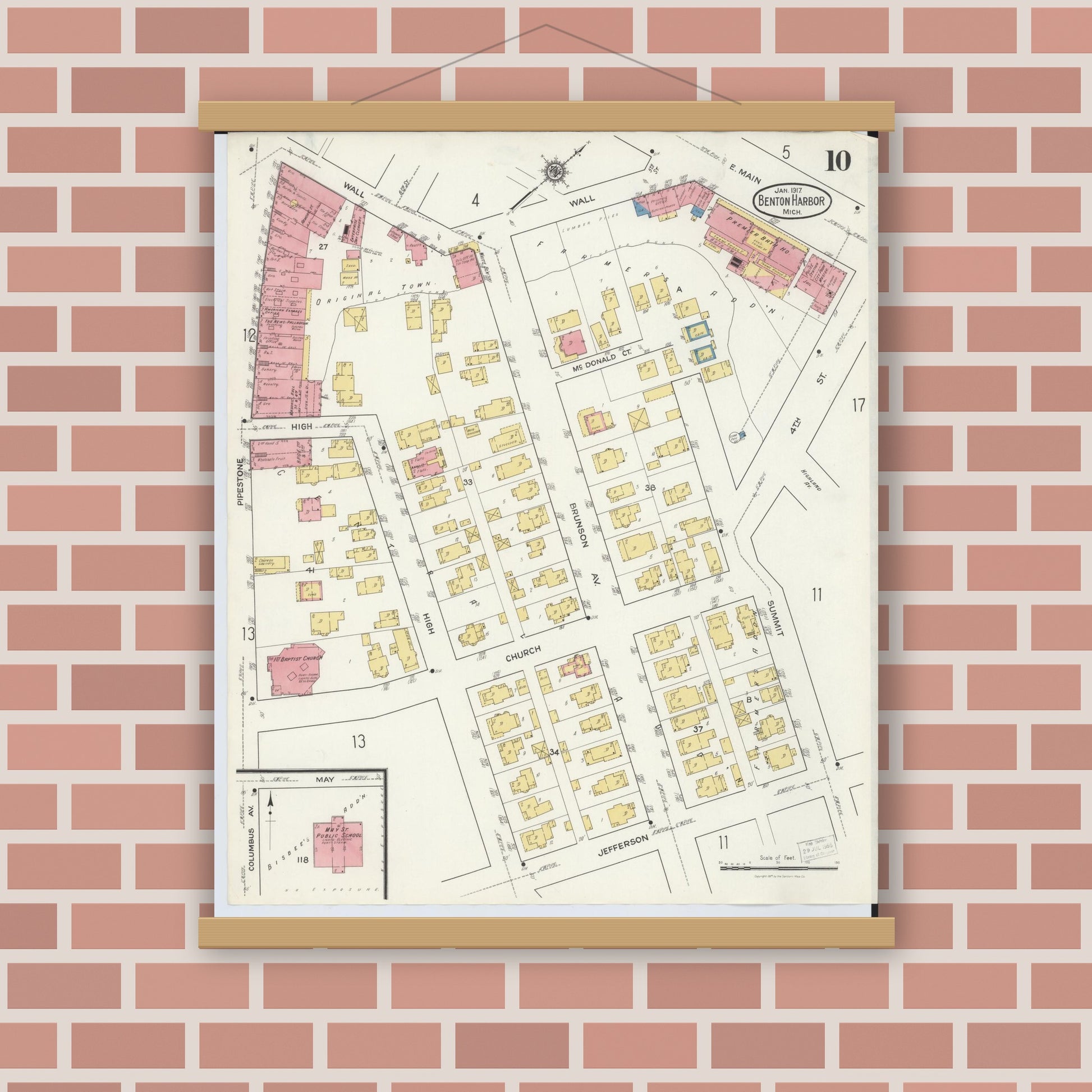 Old map wall art mockup — magnetic wood frame on brick wall — Sanborn Fire Insurance Map from Benton Harbor, Berrien County, Michigan (1917), Sheet #0010